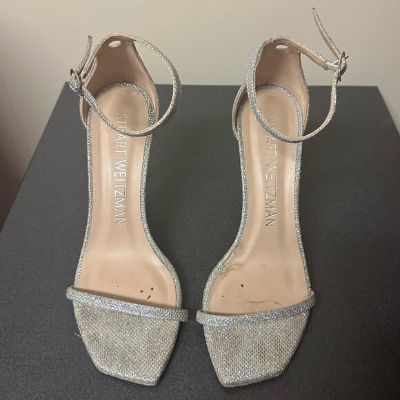 Stuart Weitzman Nudistcurve Glitter Ankle Strap Sandals Silver Crystal Size 8.5 - Picture 3 of 13